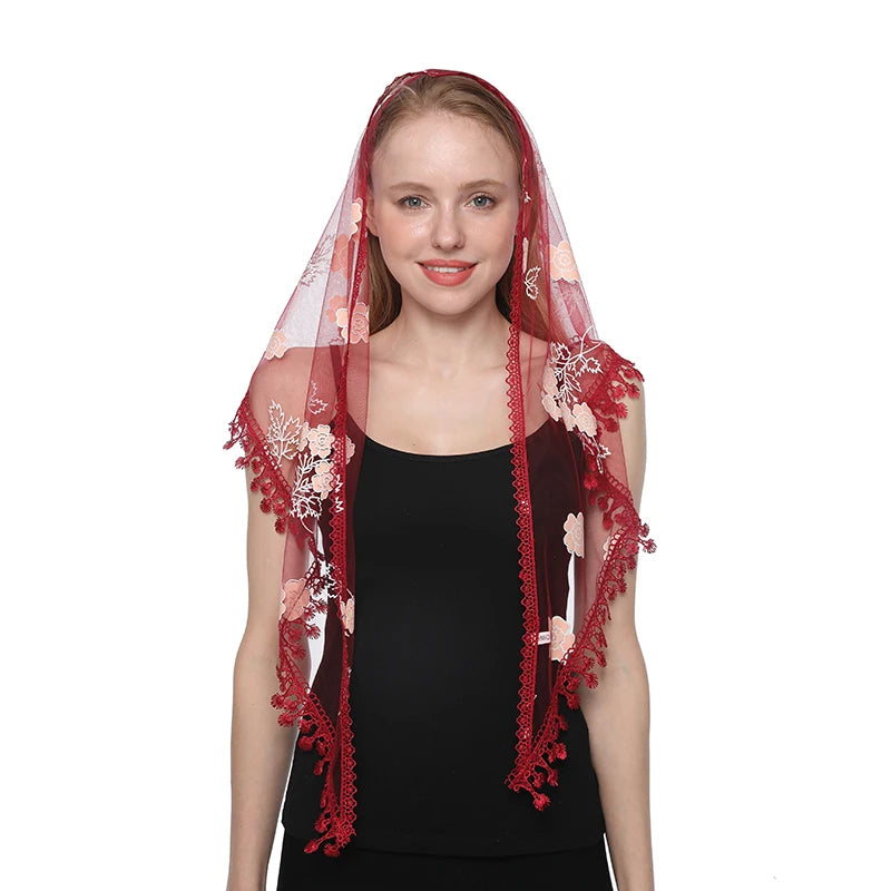 Fashion Church Shawl Lace Veil Polyester Scarf Bandana Church Prayer Wedding Mantilla Chapel White Embroidered Hijab Women Scarf