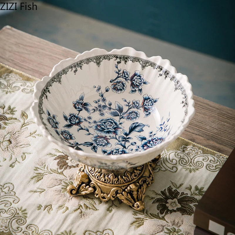 Classical Colorful Flower Pattern Fruit Bowl Storage Trays Snack Dessert Plate High Footed Fruits Plate Coffee Table Fruits Tray