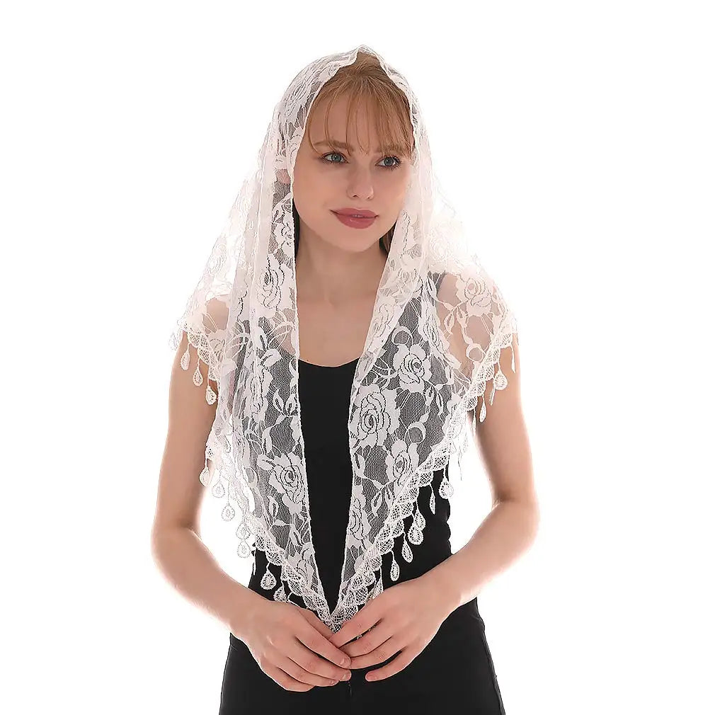 Fashion Church Shawl Lace Veil Polyester Scarf Bandana Church Prayer Wedding Mantilla Chapel White Embroidered Hijab Women Scarf