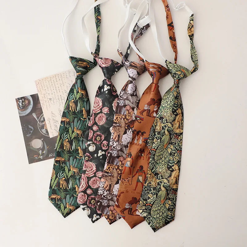 33cm Length Casual Trendy JK Ties Preppy Chic College Girl Short Necktie Polyester Floral Animal Printed Lazy-tie Vintage Cravat