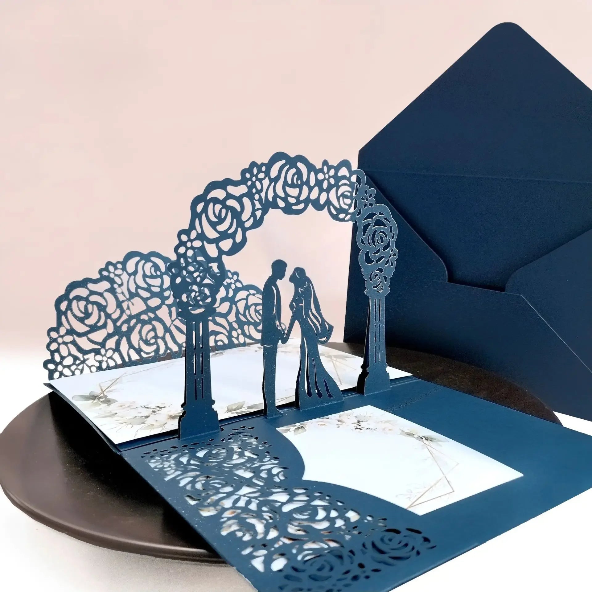 3D Bride And Groom Rose Gold Pop up Wedding invitations laser cut Greeting cards envelope Rsvp Navy blue White Pink