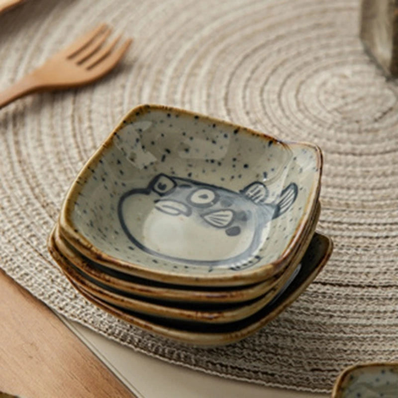 Japanese Cartoon Antique Seasoning Dishes Ceramic Square Plate Creative Cartoon Seafood Sauce Dish Home Kitchen Tableware