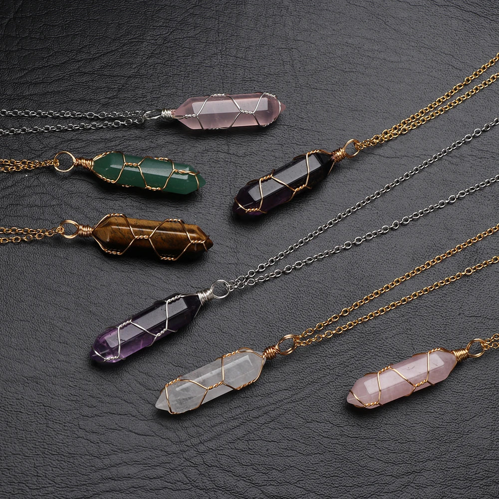 Jewelry Amethyst Tiger Eye Rose Quartz Natural Stone Hexagonal Cylindrical Crystal Necklace Wire Wrap Stone Pendant