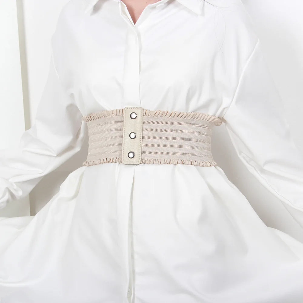 Ruffles Wide Belt Triple Buckle Elegant Elastic Waistband Decorative Dress Girdle for Women Large Size Luxury