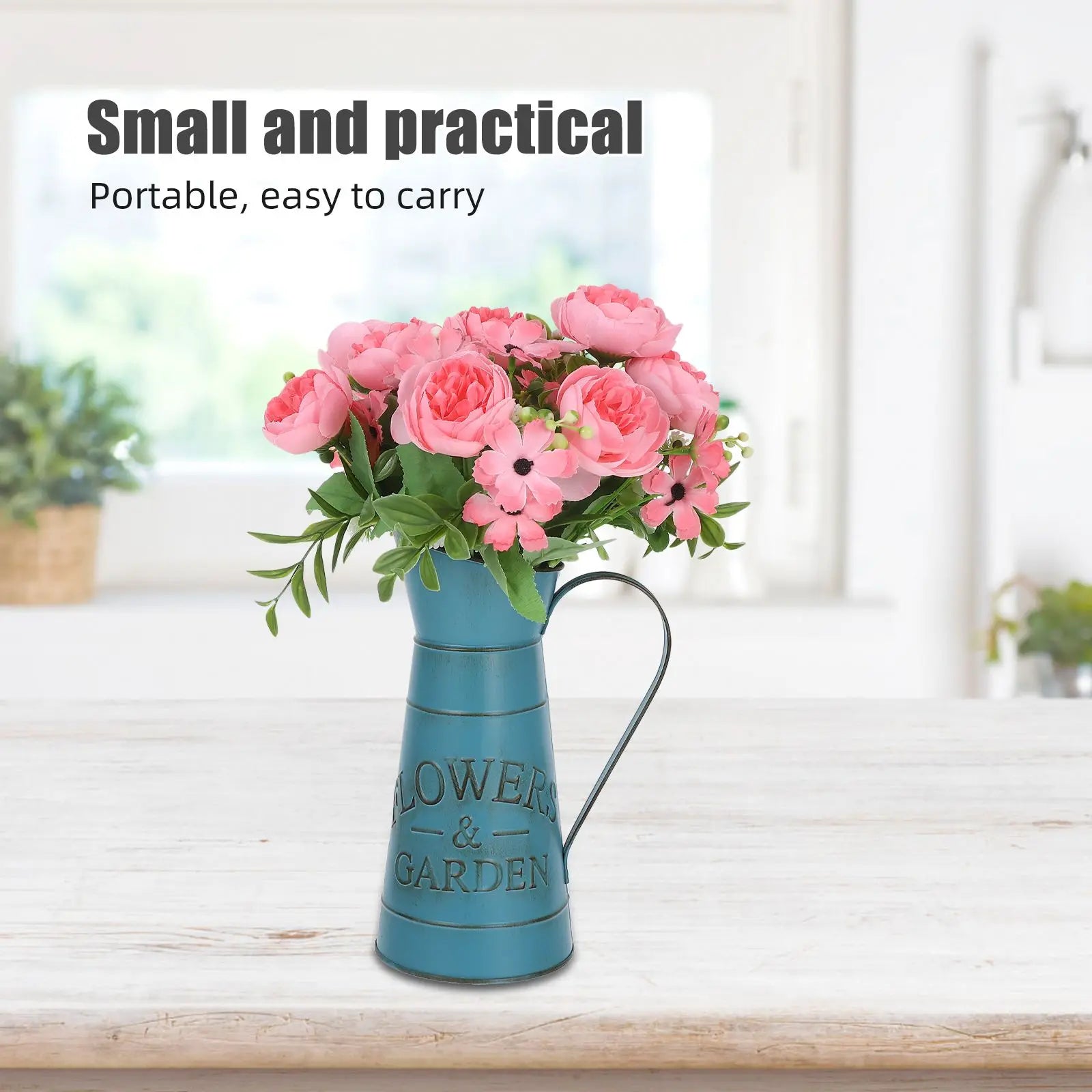 Retro Kettle Vase Blue Small Decorative Iron Pitcher for Home Office Balcony Flower Arrangement Gardening AccessoriesVintage
