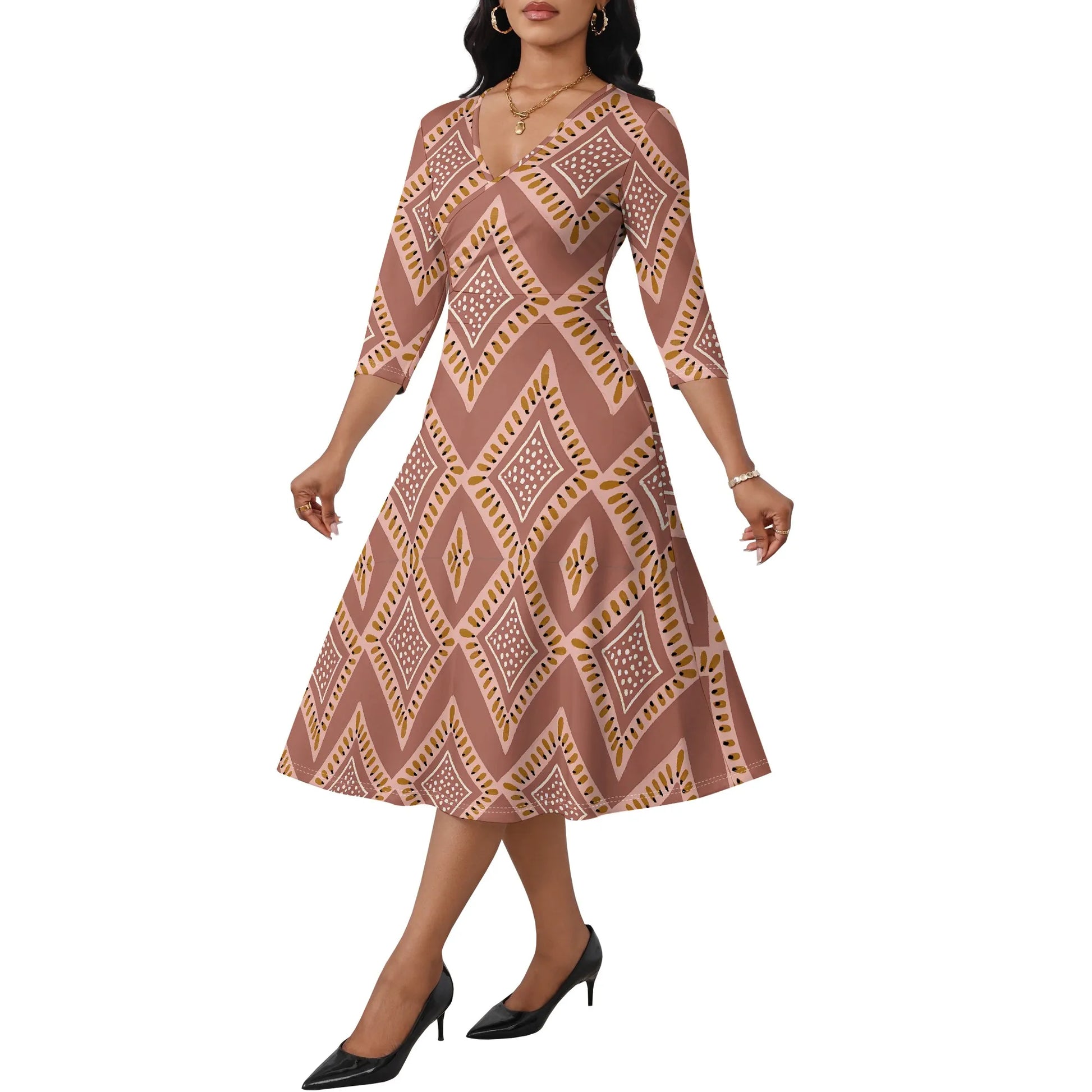 Mudcloth Inspired Print Wrap Dress XS-3XL Modern Afro A-Line Style with V-Neck for Juneteenth, Gallery Visit or Boho Fall Look