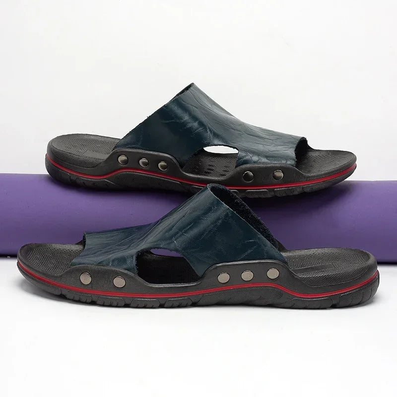 Sandals Men's Leather Classic Fashion Summer Men's Slippers Comfortable Soft PU Leather Lightweight Men's Beach Slippers Slides