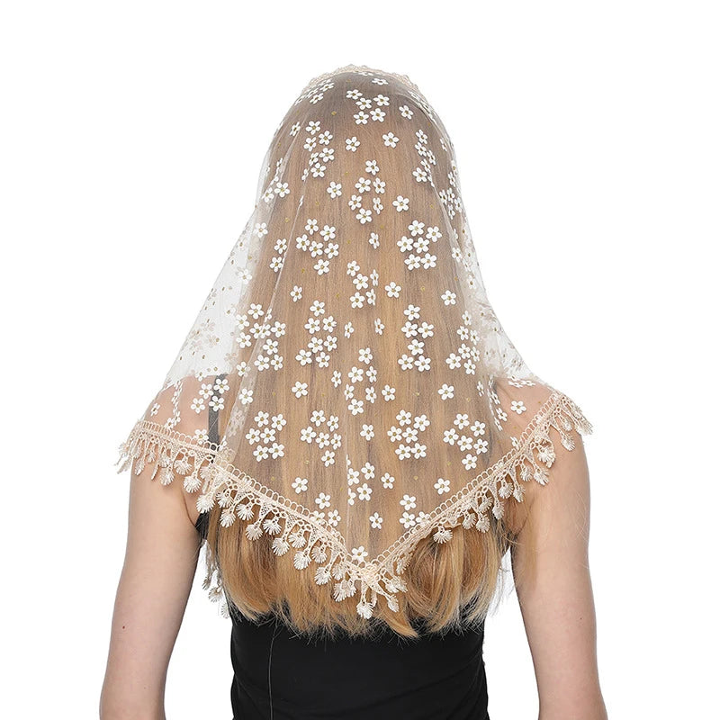 160*50cm Women Tassel Triangle Scarf for Church Prayer Shawl Embroidered Lace Veil Floral Headcovering Veils for the Church's