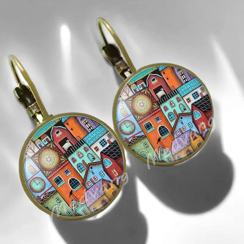 2024 Natural Scenery Earrings beautiful village Women Stud Earring  Abstract Oil Painting House Glass Cabochon Earrings  jewelry
