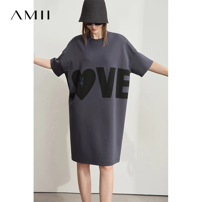 Amii Minimalist Knitted Dress For Women 2025 Summer New Round Neck Short Sleeve Loose Elastic Mid-long Printed Dress 12512014
