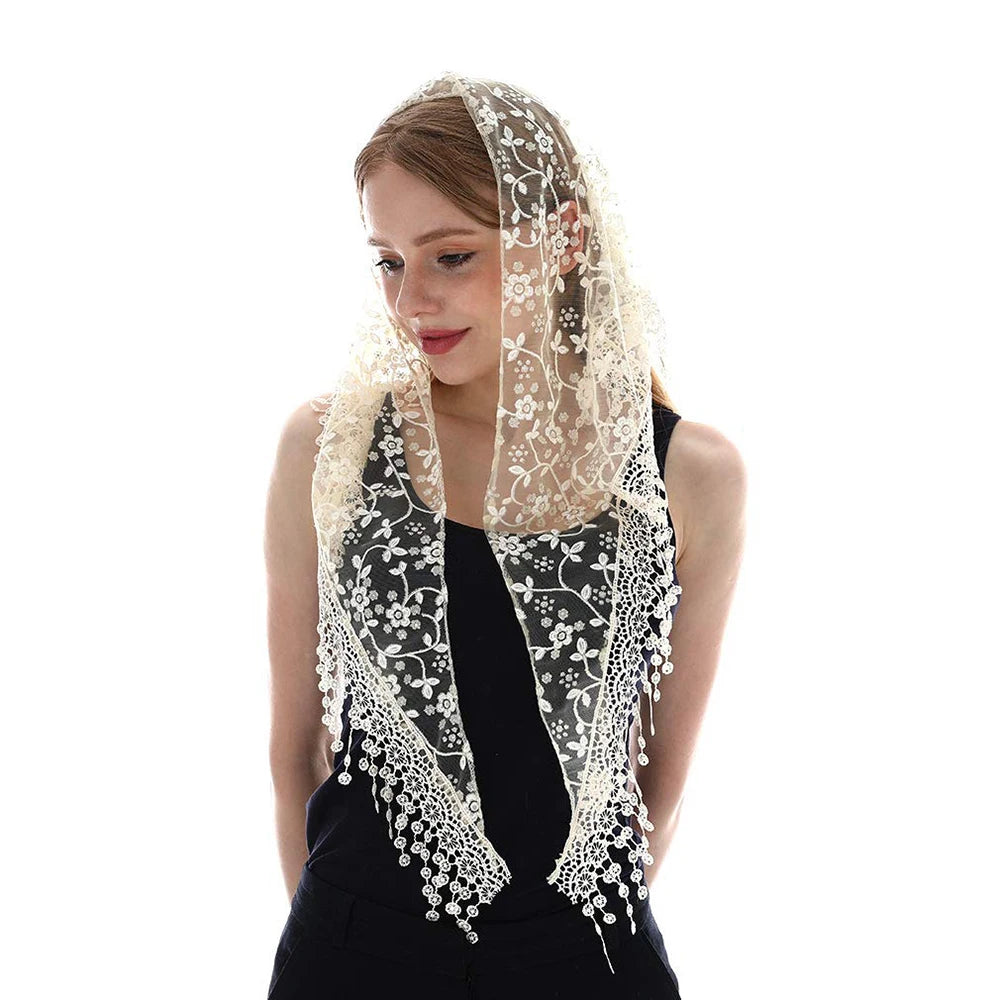Fashion Church Shawl Lace Veil Polyester Scarf Bandana Church Prayer Wedding Mantilla Chapel White Embroidered Hijab Women Scarf