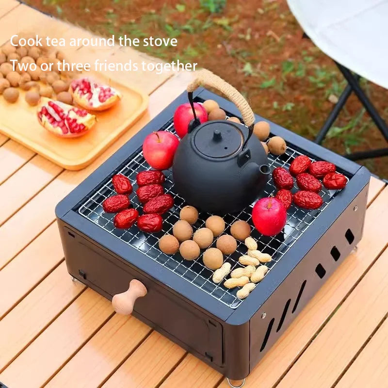 Portable multi-functional square barbecue grill for outdoor camping, drawer grill for roasting tea and meat around the stove