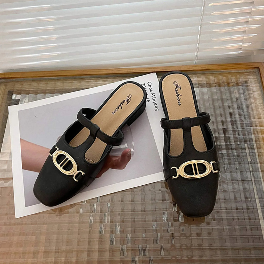 Fashion Summer Sandals Women Low Heel Retro Luxury Metal  Women's Shoes Wear-resistant Daily Walk Slippers