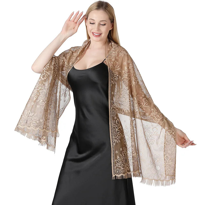 Pure Color Floral Mesh Lace Shawls for Women Evening Dresses Shawl Bridal Bridesmaid Wedding Boleros Lady Party Capes Wraps