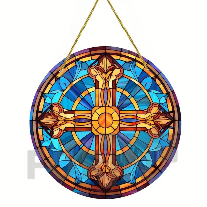 Cross Sun Catcher Acrylic Round Sign,Faux 3D Christianity Religious Pendant Plate,Home,Garden,Room,church,Holy Week&Easter Decor