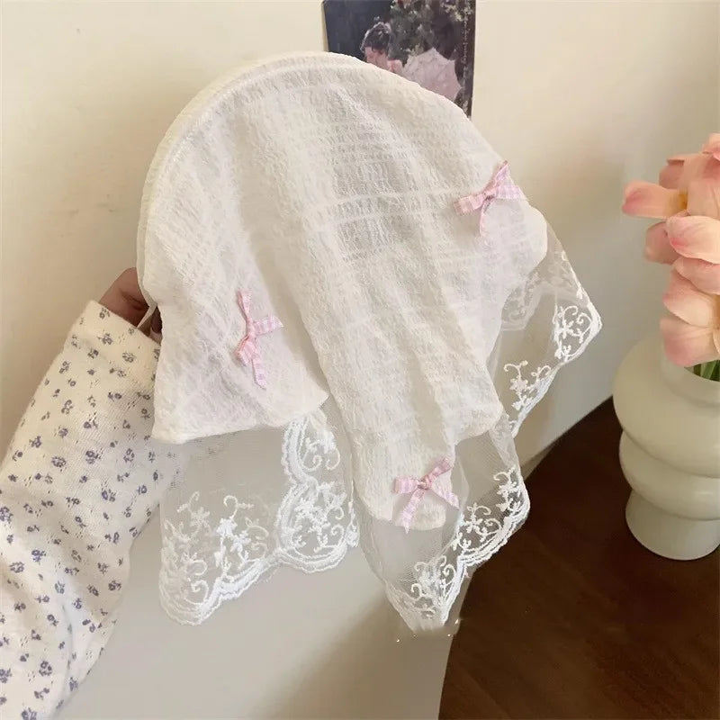 Red Woven Plaid Lace Hair Scarf Wraps Women Retro Triangle Headscarf Hat Travel Photo Headband Girl Hair Accessories