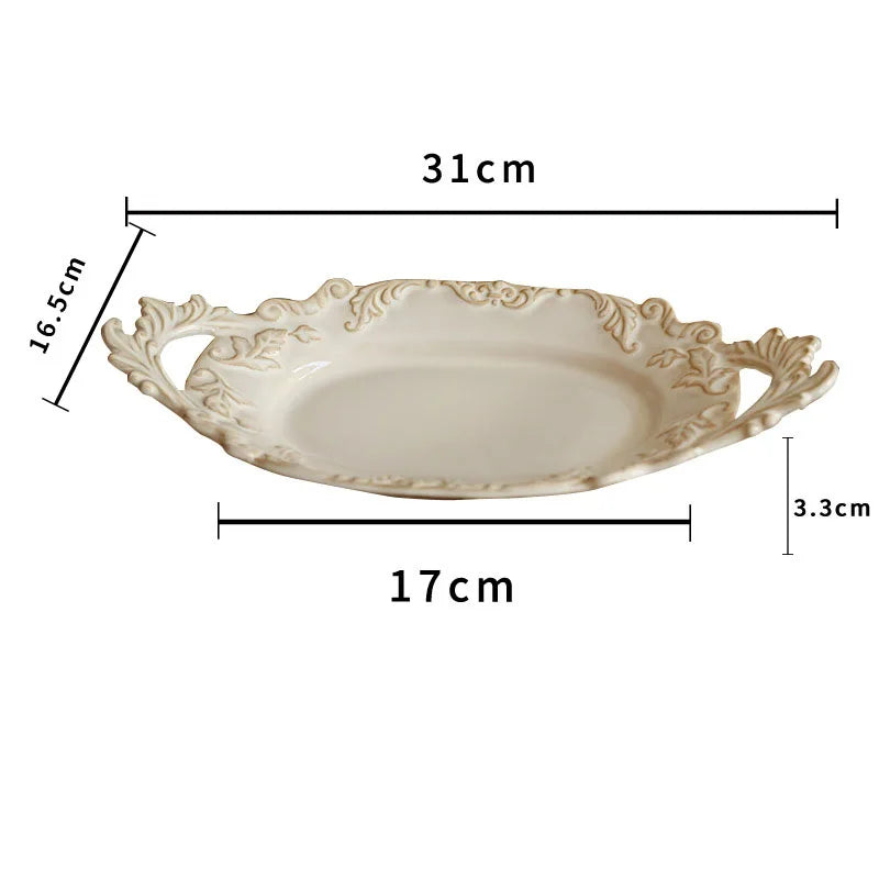 French Retro Relief Plate Ceramic Spaghetti Plate Binaural Dessert Western Food Plate Light Luxury Tableware