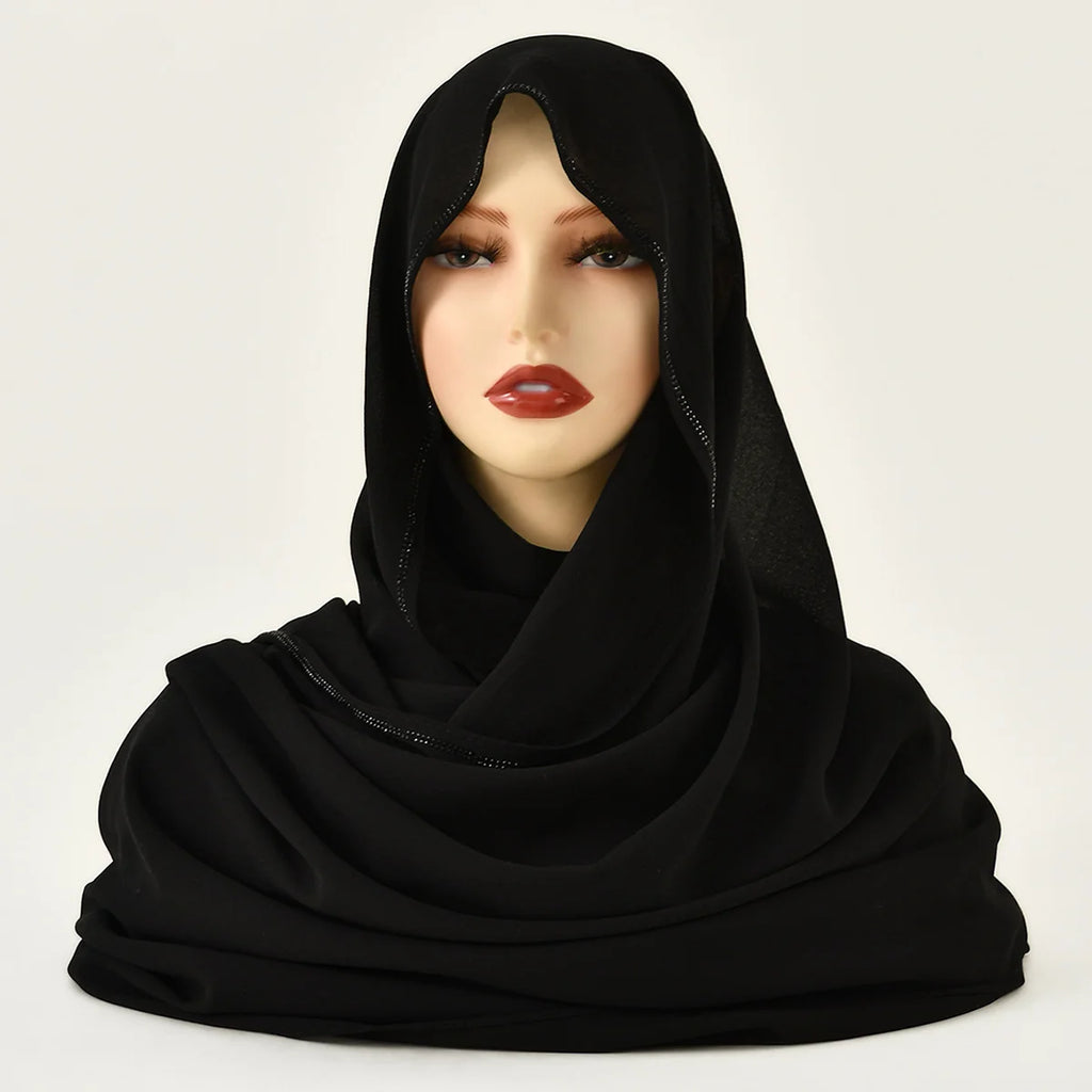 Rhinestone Chiffon Hijab Scarf For Women Stretch Shawl Plain Muslim Headband Fashion Solid Color Long Muffler