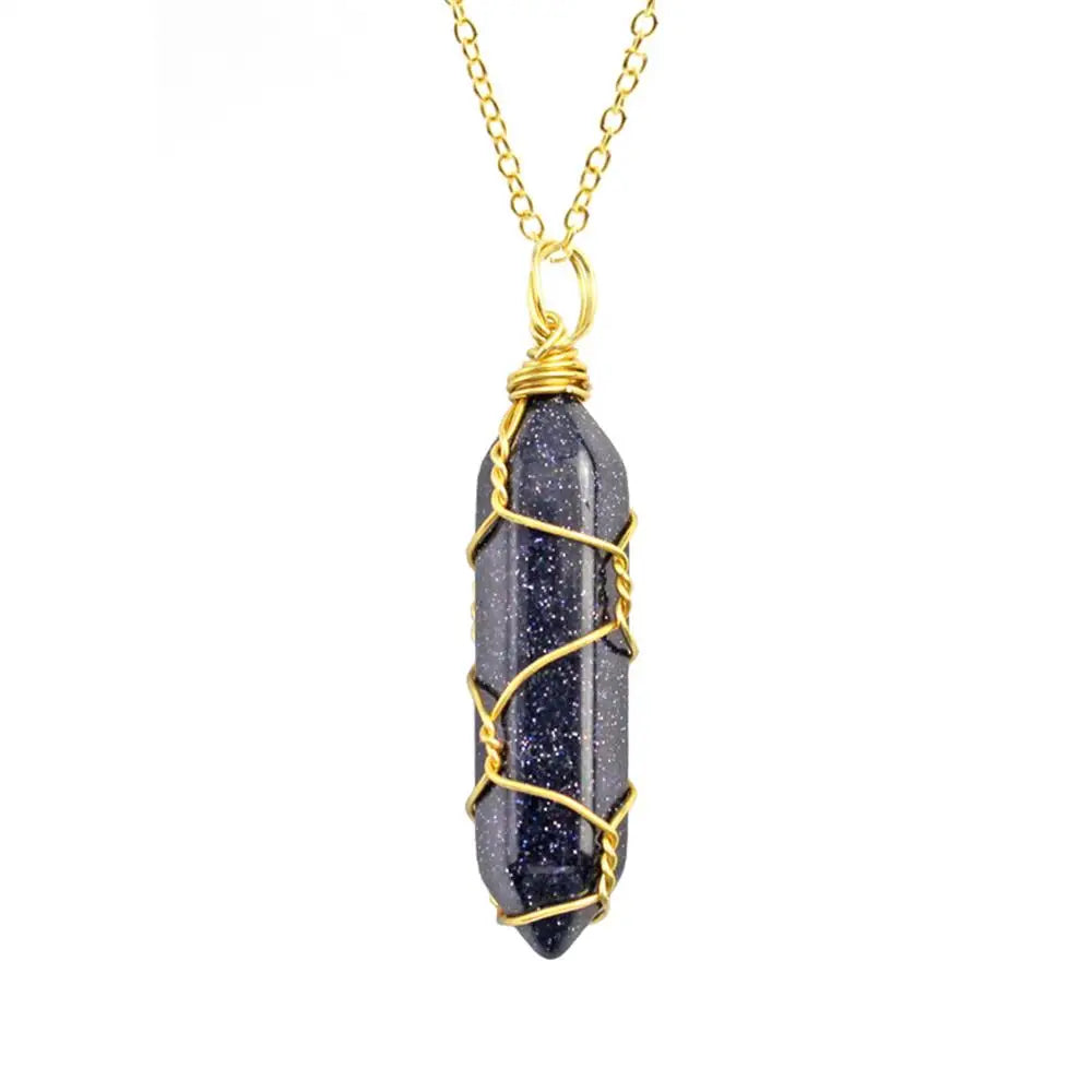 Jewelry Amethyst Tiger Eye Rose Quartz Natural Stone Hexagonal Cylindrical Crystal Necklace Wire Wrap Stone Pendant