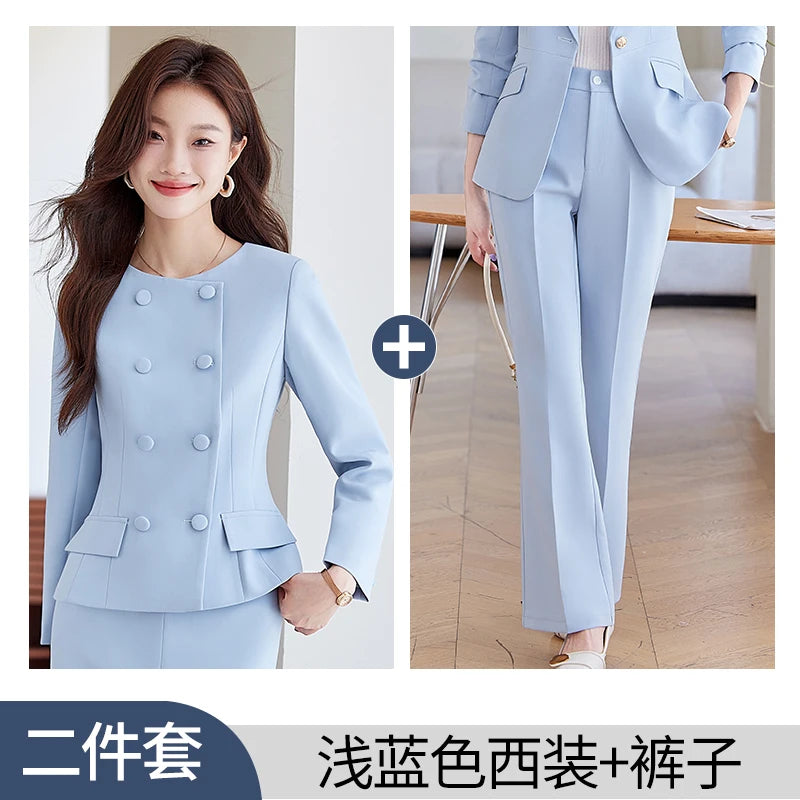 NAVIU 2 Pieces Set Women Double Breasted Blazer Korean Drama Star Elegant A Line Knee Length Slit Stirts Women Work Wear Blue