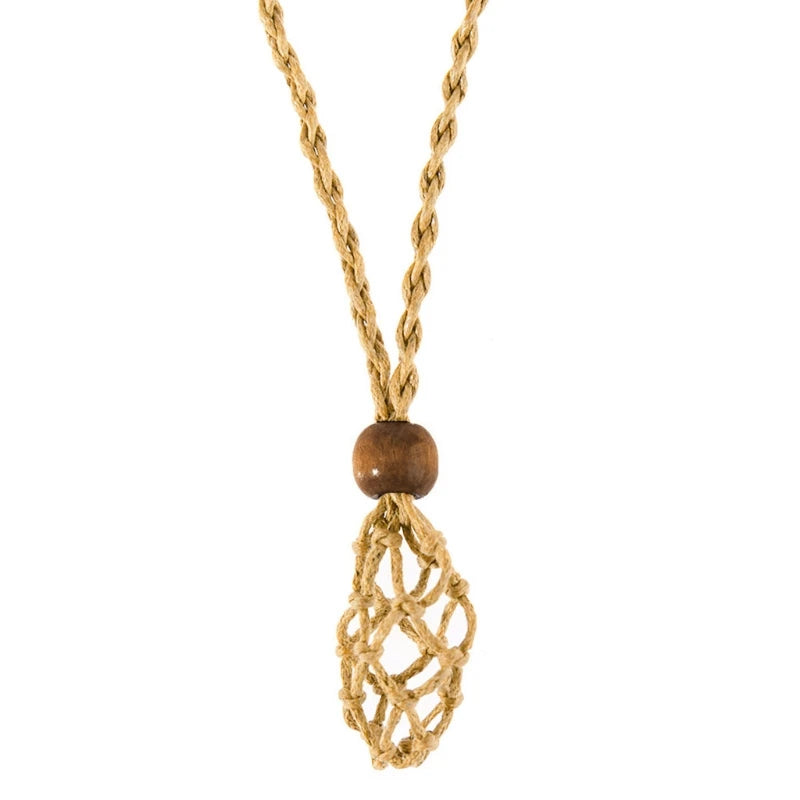 Retro Woven Natural Stone Pendant Necklace Net Pocket Hollow Handmade Jewelry Men and Women the Same Style Without Gems