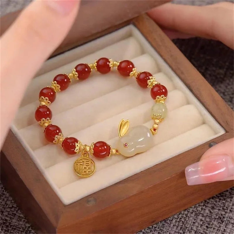 1PCS Blessing Lucky Couple Glass Friendship Rabbit Bracelet For Women Jewelry Gifts Fashion Natural Stone Bead Bracelet