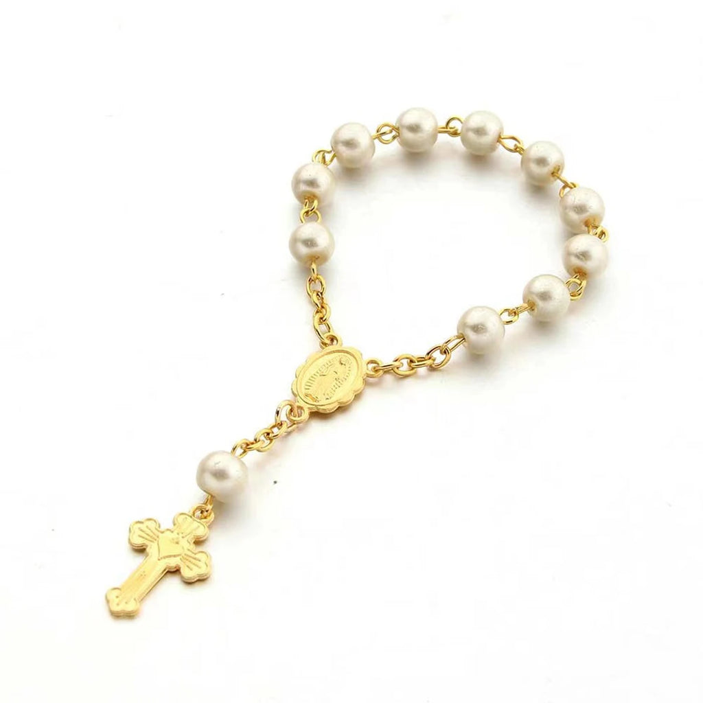 1Pcs Baby 6mm Glass Pearl Rosary Bracelet Eucharist Gift Cross Finger Chain Religion Mini Rosary Bracelet Pray