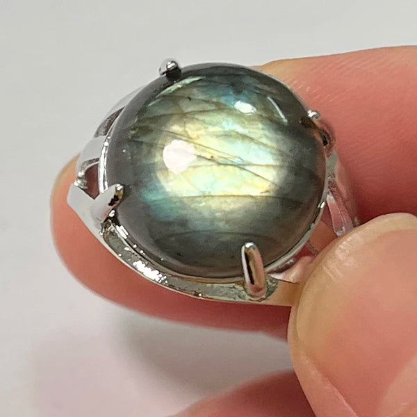 Ring Natural Stone Round Bead Blue Labradorite Adjustable Finger