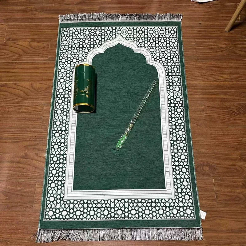 Muslim Prayer Mat with Rosary Beads and Gift Tube the Spire Pattern Islamic Rug Ramadan Decorative Floor Carpet Travel Gifts
