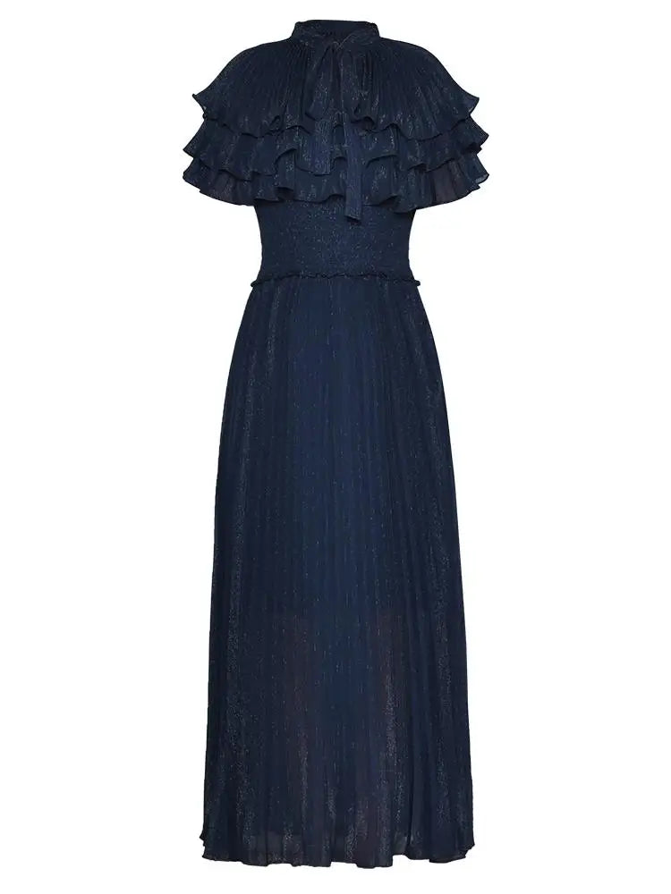 Lace Up Tie Collar Lady Dress 2025 Summer Cloak Stretch Waist Pleated Elegant Large Hem Shiny Women's Long Chiffon Dresses