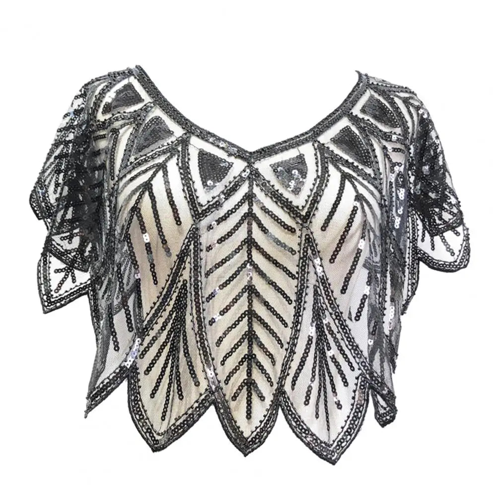 Women 1920s Evening Shawl Elegant Embroidered Beaded Capelet for Women Sparkling Sequin Party Shawl with Leaf Shape Gauze V Neck