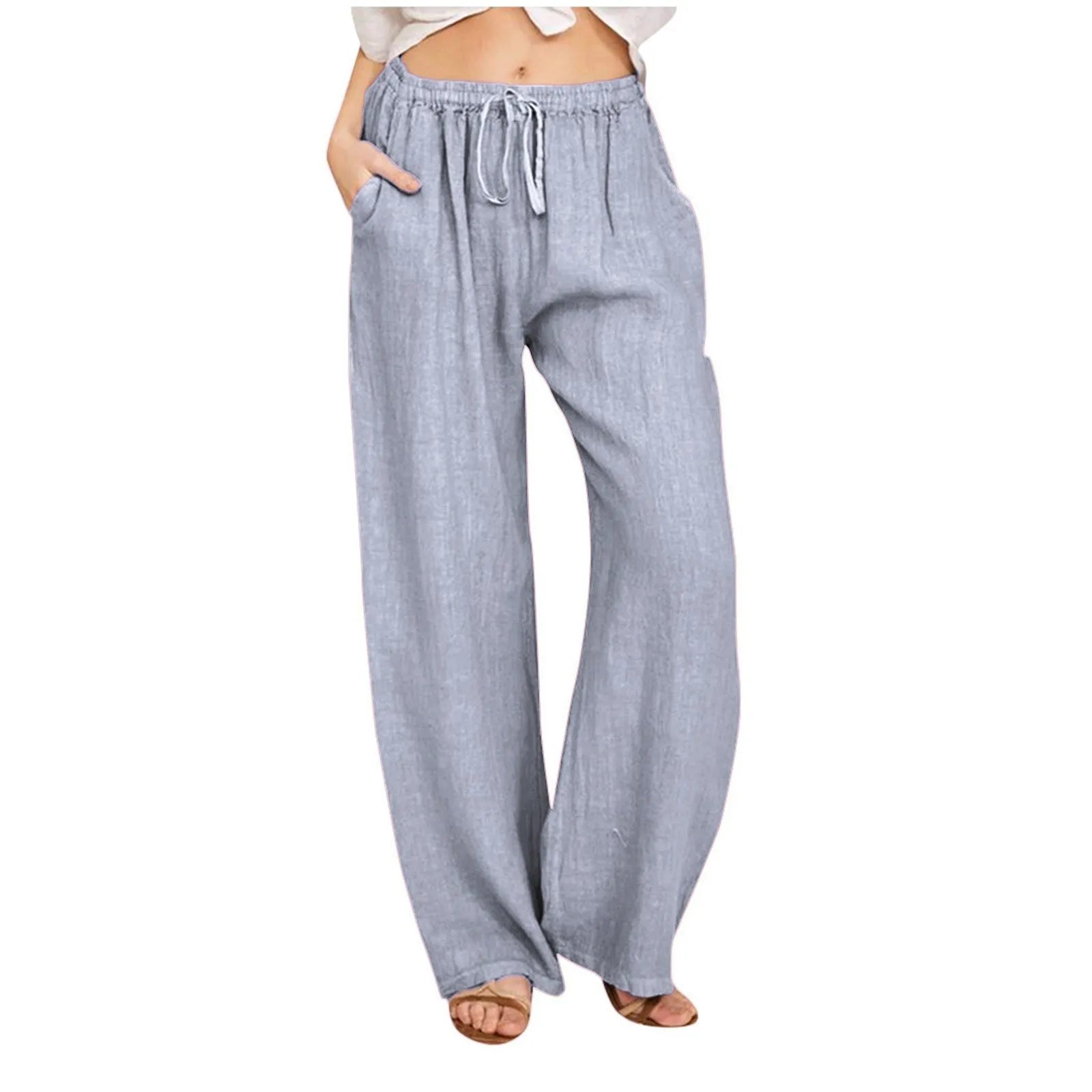 2024 Spring Summer Linen Cotton Wide Legged Pants for Women High Waist Solid Color Crop Pants Elastic Waist Casual Loose Pants
