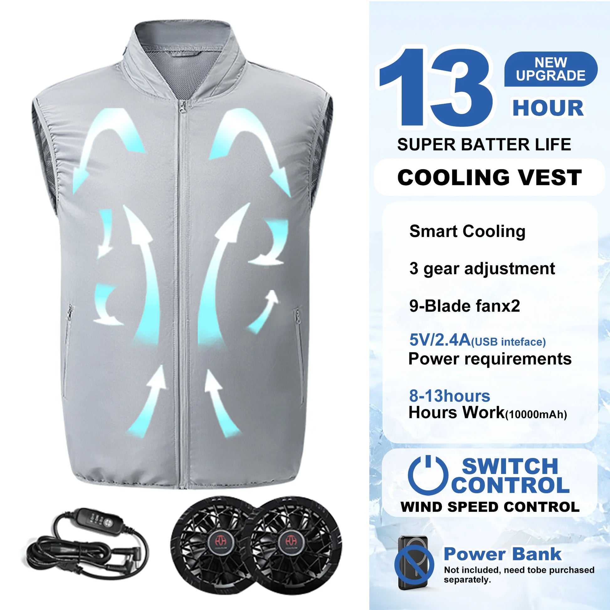 Cool Vest Electric fan vest Cooling Fan Vest Air-conditioned Clothes Hiking Cooling 13 Hours High Temperature Work Fishing Vest