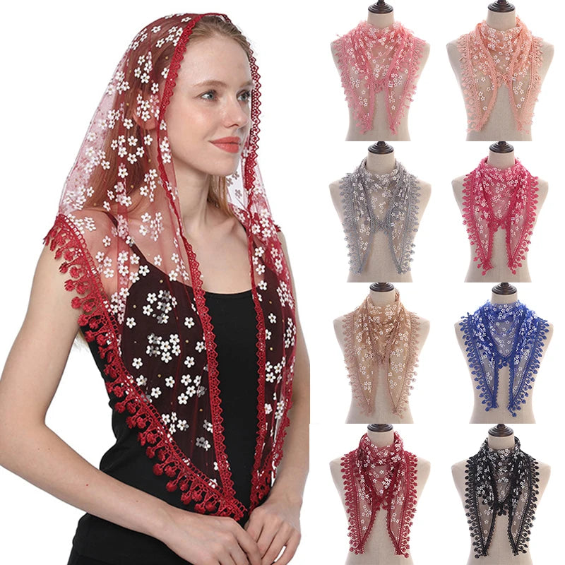 160*50cm Women Tassel Triangle Scarf for Church Prayer Shawl Embroidered Lace Veil Floral Headcovering Veils for the Church's