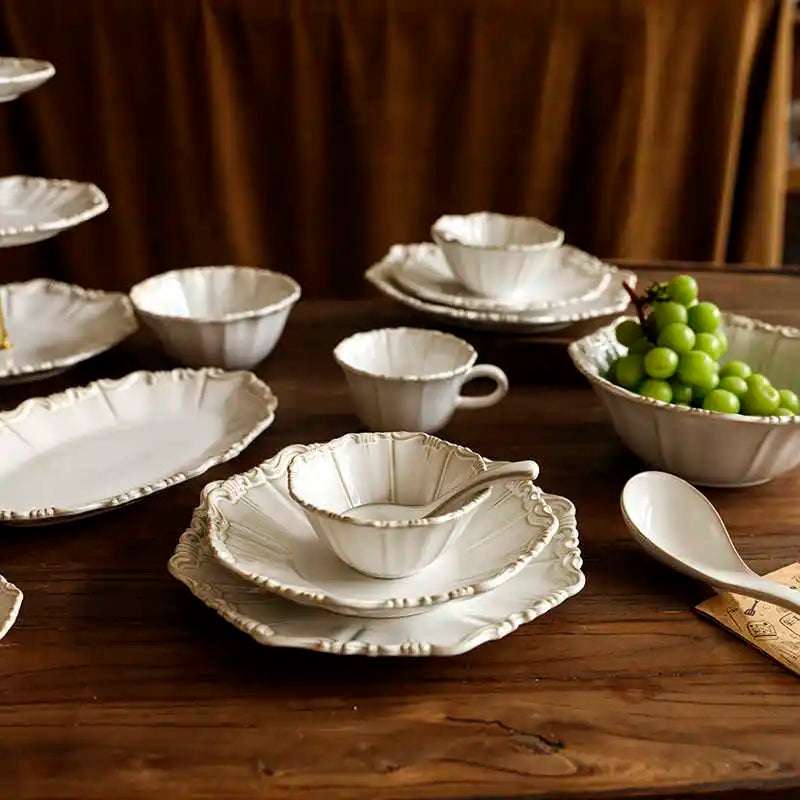 Vintage Ceramic Tableware Set Household Relief Pattern Breakfast Soup Bowl Restaurant High Quality Western Dessert Plates