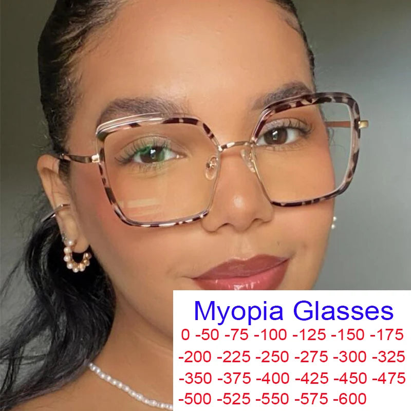 Luxury Myopia Glasses Women Anti Blue Light Leopard Square Eyeglasses College Student Prescription Shortsighted Eyewear -3 -4.5
