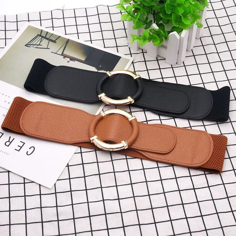 Solid Color Wide Belt Casual Stretchy Vintage Elastic Waistband Round Metal Buckle Dress Coat Girdle Women Apparel Accessories