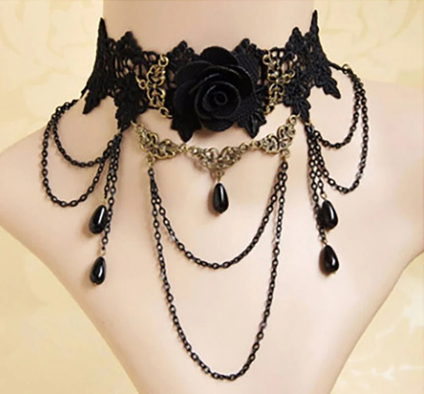 Rose Flower Red Black Stone Velvet Chokers for Women Lady Lace Bead Chains Sexy Necklace Girl Neck Jewelry Accessories Gifts 1PC