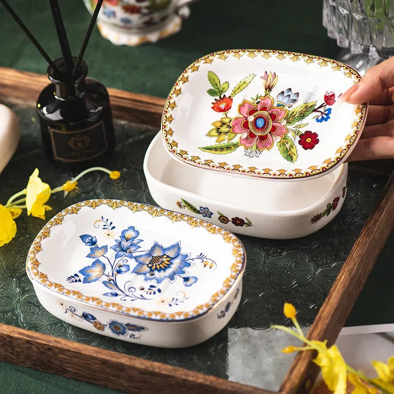 Creative Gold-plated Painted Flower Soap Dish Household Ceramic Drain Double Soap Box Storage Shelf Bathroom Accessories Modern