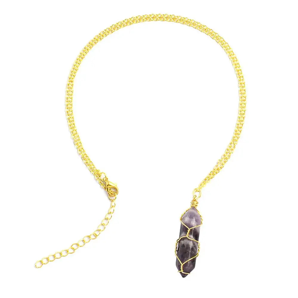 Jewelry Amethyst Tiger Eye Rose Quartz Natural Stone Hexagonal Cylindrical Crystal Necklace Wire Wrap Stone Pendant