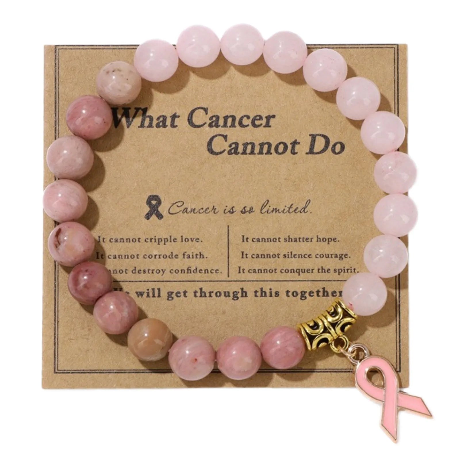 Natural Stone Bead Bracelets Ribbon Charm Inspirational Breast Cancer Awareness Bangle Gifts Encouragement For Women Jewelry