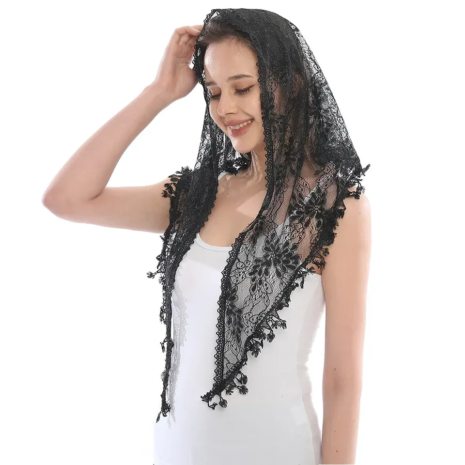 Fashion Embroidery Floral Triangular Veil Lace Shawl For Women Prayer Scarf Wedding Casual Stole Ladies Headband Wraps 145*50cm