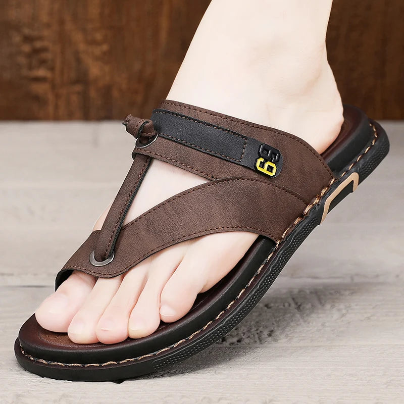 Men's Leather Slides Comfortable House Slippers Breathable Rubber Sole Indoor Outdoor Summer Sandals