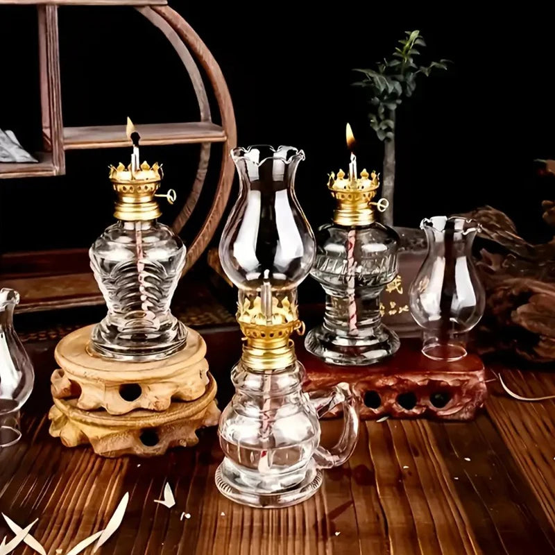 1pc Adjustable Flame Glass Kerosene Lanterns Retro Oil Lamp Glass Family Decorate Lights Portable Adornment Halloween Room Decor