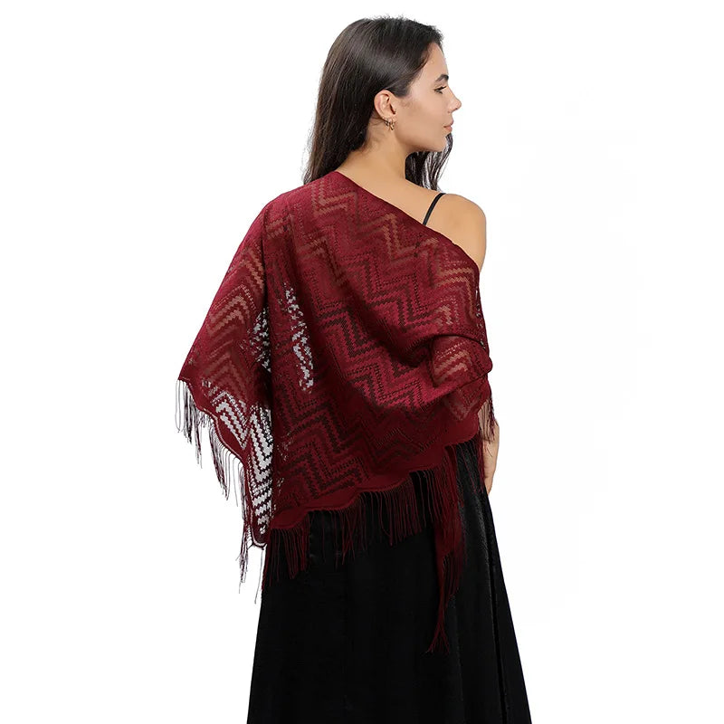 Elegant Lace Wavy Triangle Shawl Hollow Mesh Thin Breathable Tassel Scarf Party Evening Dress Versatile Shawl