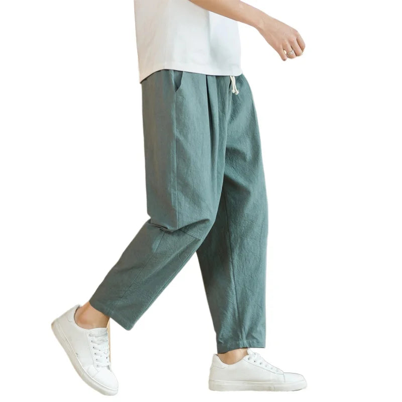 New Cotton Linen Mens Pants Casual Solid Color Breathable Streetwear Loose Straight Drawstring Baggy Lightweight Sport Pants