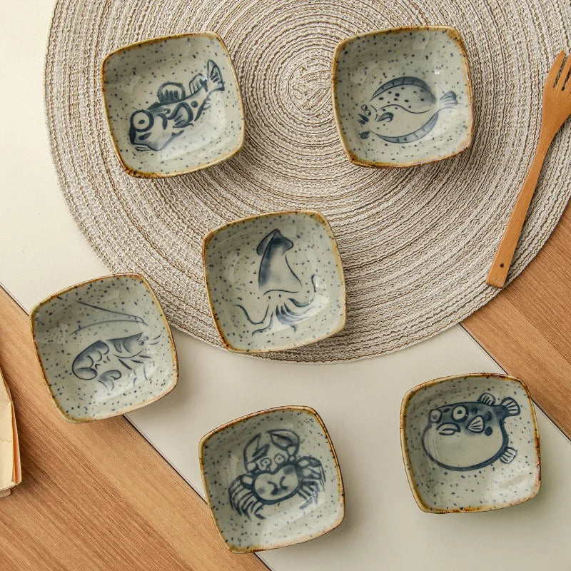Japanese Cartoon Antique Seasoning Dishes Ceramic Square Plate Creative Cartoon Seafood Sauce Dish Home Kitchen Tableware
