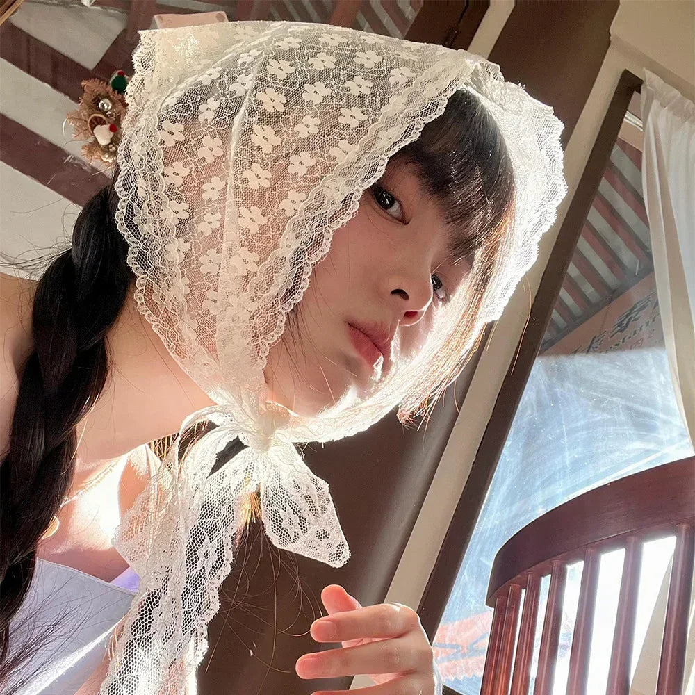 Sweet Flower Triangle Hair Scarf Women Girls Square Scarf Headband Korean French Pastoral Headdress Summer Lace Headwear