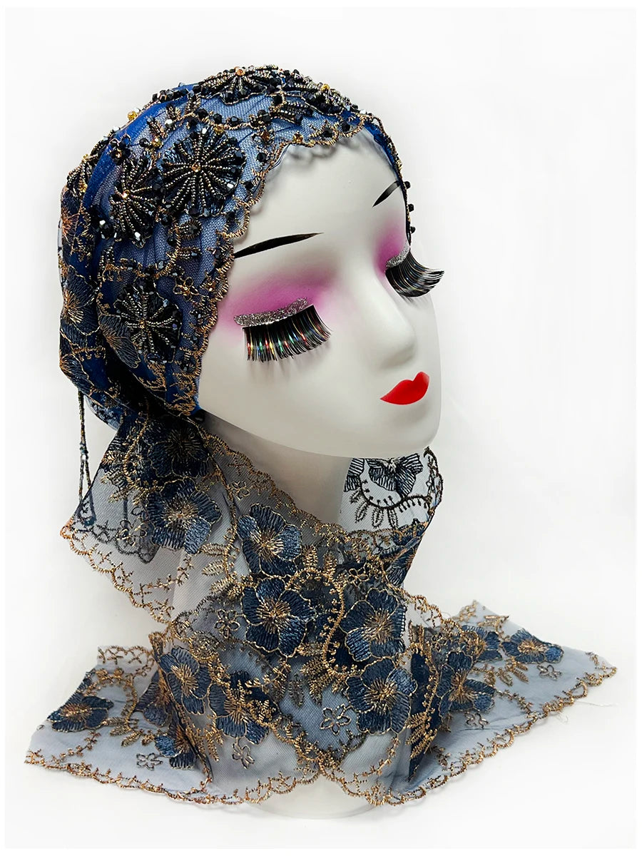 Explosive Head Cover Mesh Fabric Hand-Embroidered Hanging Beaded String acrylic Ribbon Hats Dubai New Muslim Arabic Worship Hat