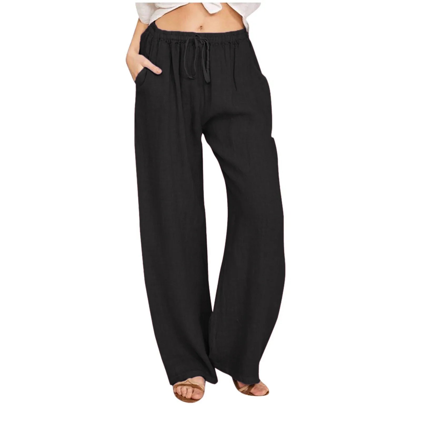 2024 Spring Summer Linen Cotton Wide Legged Pants for Women High Waist Solid Color Crop Pants Elastic Waist Casual Loose Pants